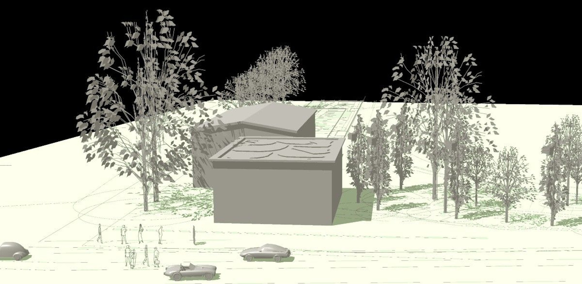 Ein Modell zeigt ein zweigliedriges Gebäude.