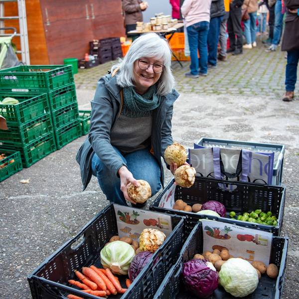 Aggi Peier kniet an Erntekisten und verteilt Sellerie.
