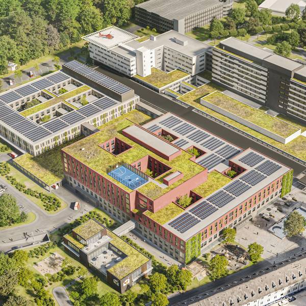 So soll der geplante Gesundheitscampus Merheim aus der Vogelperspektive betrachtet aussehen.