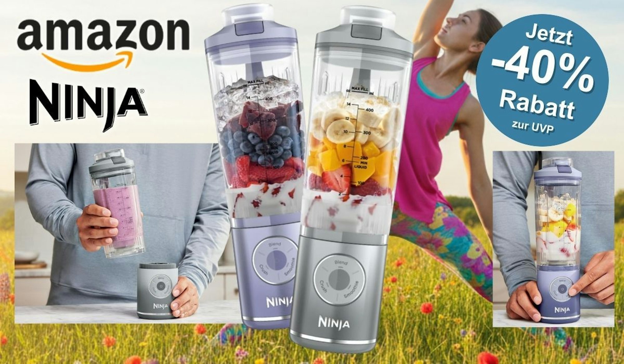 Ninja Blast Max 2er-Bundle in den Farben Lavendel und Silber mit frisch befüllten 570-ml-Mixbechern vor einer blühenden Frühlingswiese, im Hintergrund eine sportliche Frau beim Yoga-Stretching, mit Amazon-Logo, Ninja-Logo und blauem Rabatt-Badge mit der Aufschrift „Jetzt -40 % Rabatt zur UVP" – Amazon Frühlingsangebote 2026.