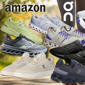 On Sneaker Running Schuhe und Laufschuhe, im Hintergrund eine Joggerin auf einer Landstraße im Frühling.