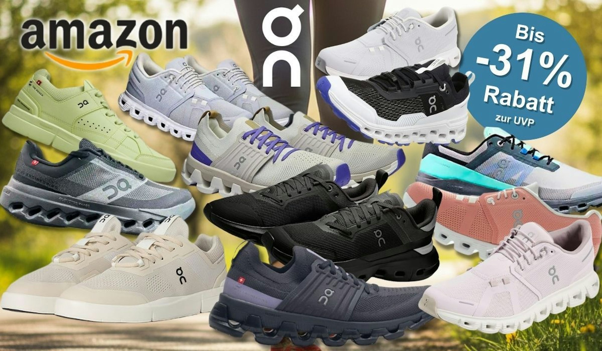 On Sneaker Running Schuhe und Laufschuhe, im Hintergrund eine Joggerin auf einer Landstraße im Frühling.