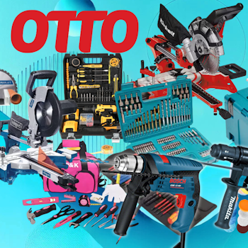 Werkzeug-Marken wie Bosch Professional, Einhell, Makita, Bosch Home and Garden im Otto-Sale vor blauem Hintergrund.
