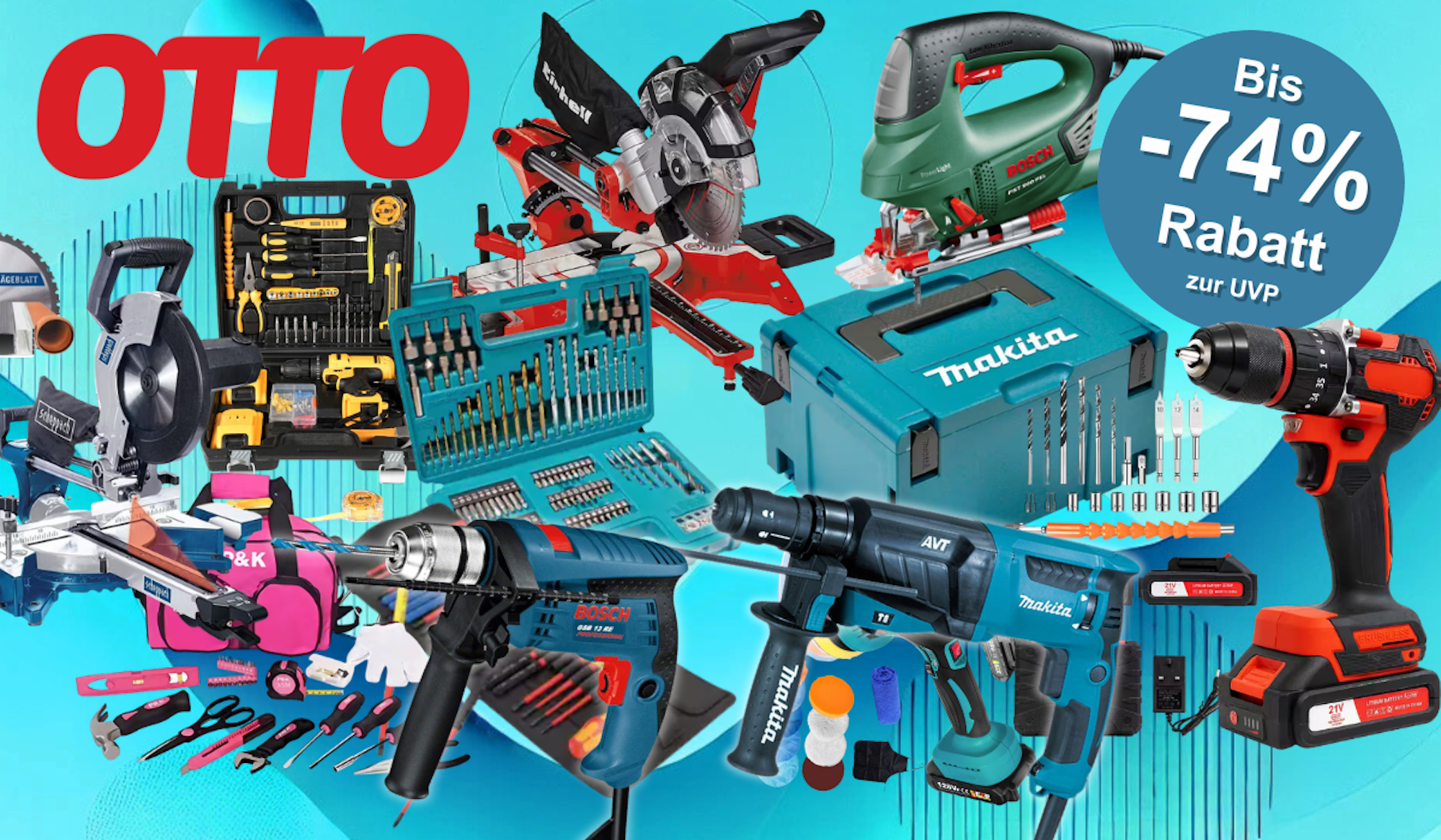 Werkzeug-Marken wie Bosch Professional, Einhell, Makita, Bosch Home and Garden im Otto-Sale vor blauem Hintergrund.