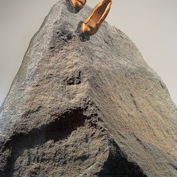 Zwei hochhackige goldene Schuhe sind auf einen Felsen geschraubt.