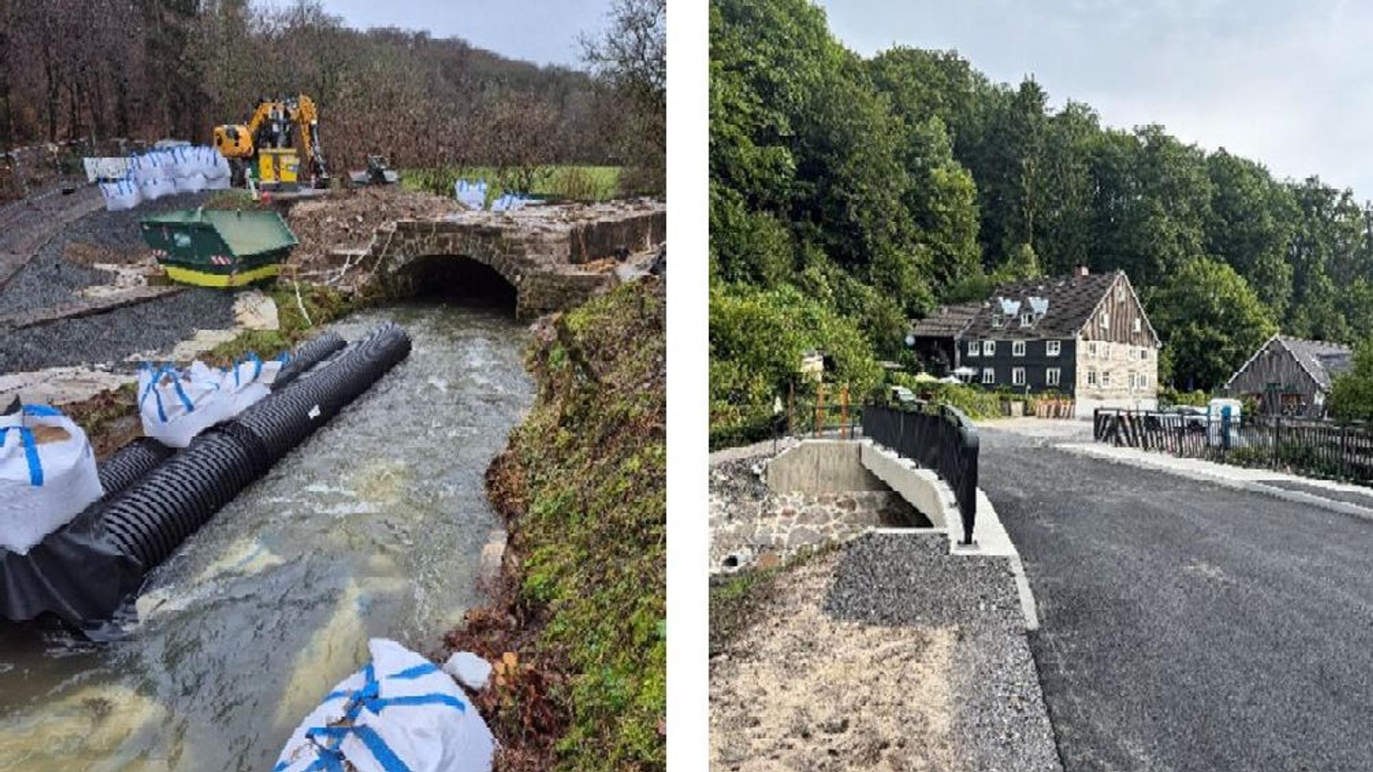 Zwei Bilder zeigen die zerstört und jetzt neu errichtete Kreisstraßenbrücke in Wermelskirchen-Neuemühle.