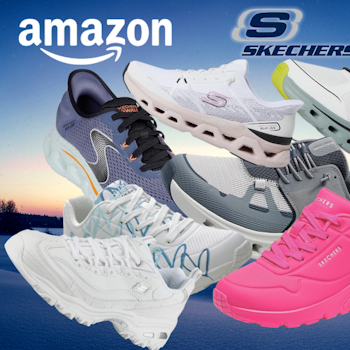 Amazon Frühlingsangebote 2026: Collage mit zahlreichen Skechers Sneaker-Modellen in verschiedenen Farben und Styles – darunter Modelle in Schwarz, Weiß, Navy, Pink, Grau, Türkis und Mehrfarben für Damen, Herren und Kinder – mit bis zu 52 % Rabatt zur UVP, präsentiert vor einem frühlingshaften grünen Bokeh-Hintergrund.