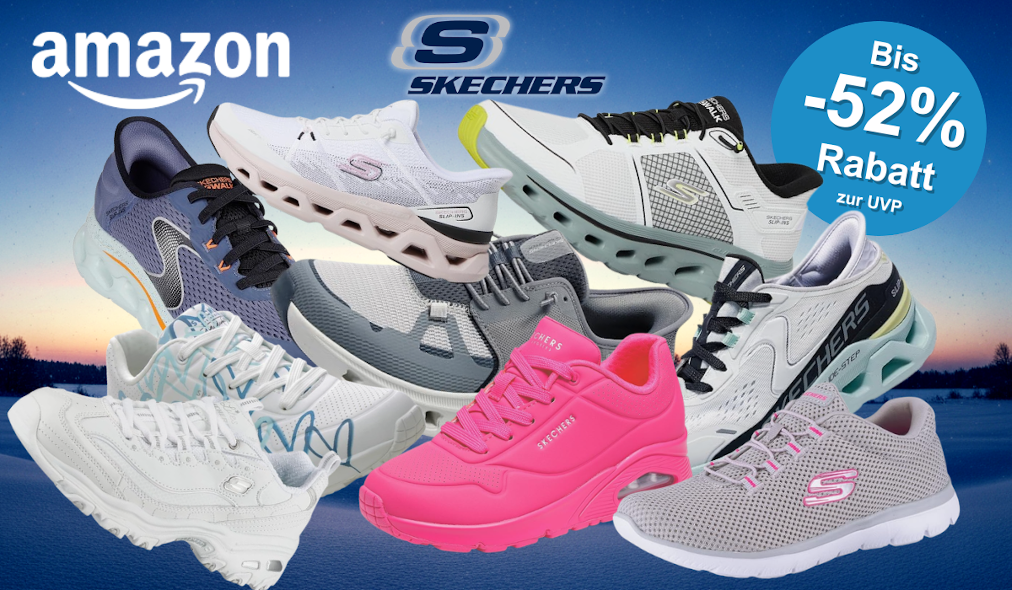 Amazon Frühlingsangebote 2026: Collage mit zahlreichen Skechers Sneaker-Modellen in verschiedenen Farben und Styles – darunter Modelle in Schwarz, Weiß, Navy, Pink, Grau, Türkis und Mehrfarben für Damen, Herren und Kinder – mit bis zu 52 % Rabatt zur UVP, präsentiert vor einem frühlingshaften grünen Bokeh-Hintergrund.