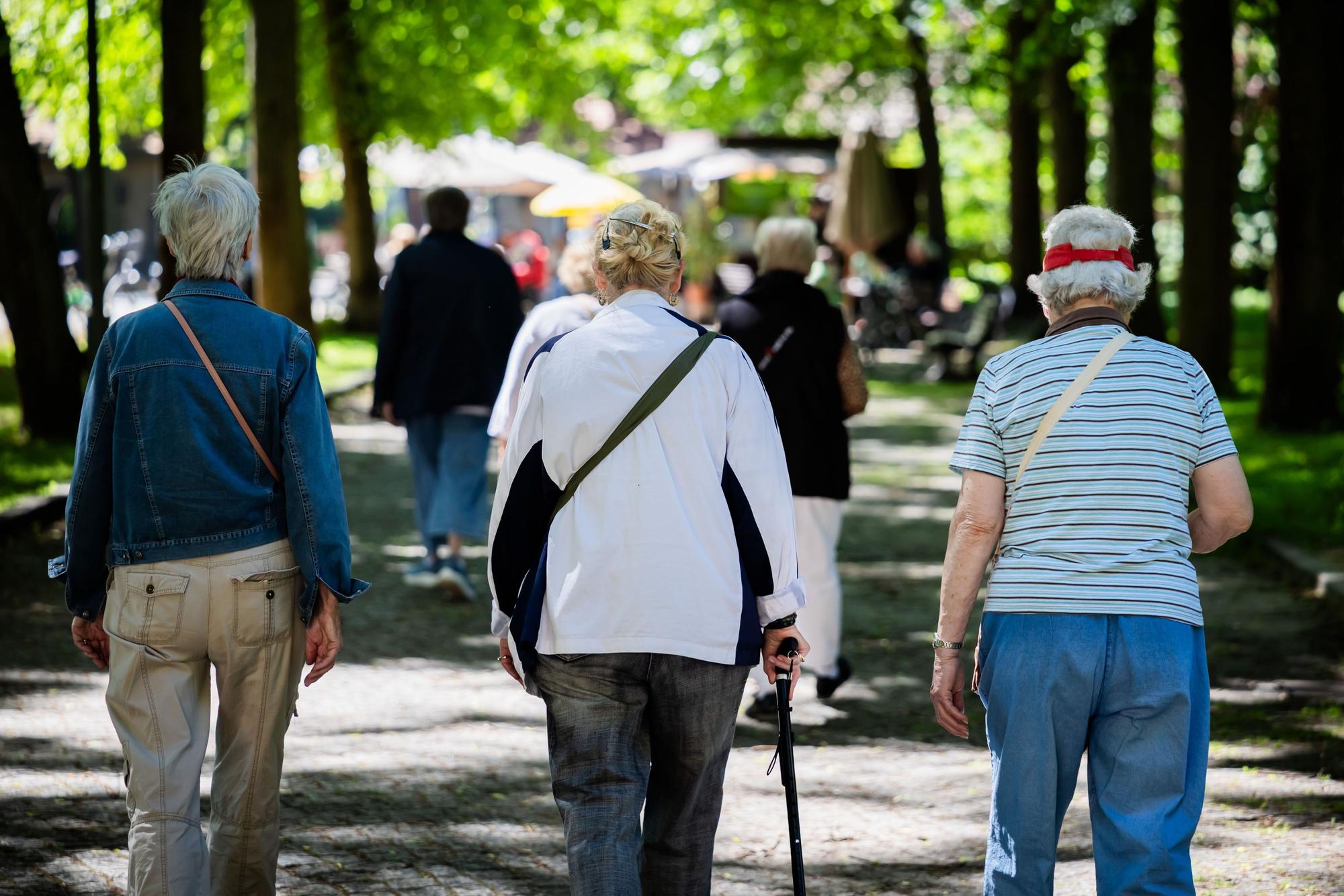 Senioren gehen gemeinsam in einem Park spazieren (Symbolbild).