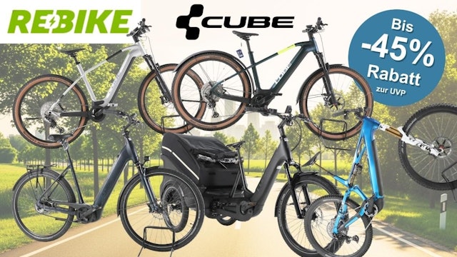 Mehrere refurbished Cube E-Bikes verschiedener Typen – Trekkingbike, Citybike, E-Lastenrad und E-Montainbike – vor grünem Parkpanorama mit Landstraße, mit Rebike- und Cube-Logo sowie dem Hinweis „Bis -45 % Rabatt zur UVP"