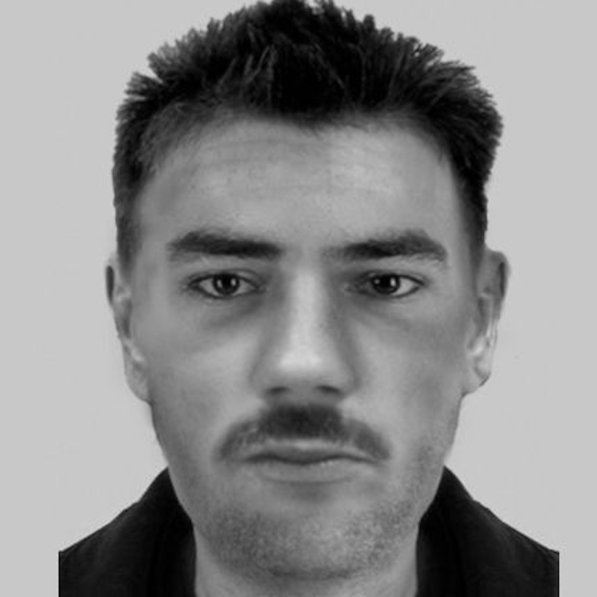 Das Phantombild zeigt einen Mann mit kurzem dunklen Haar und Schnauzbart.