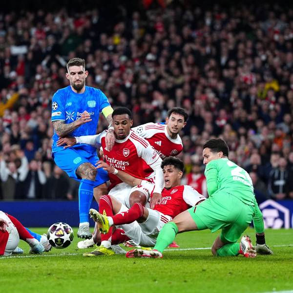 17.03.2026, Großbritannien, London: Fußball, Männer: Champions League, FC Arsenal - Bayer Leverkusen, K.o.-Runde, Achtelfinale, Rückspiele. Gerangel im Torraum. Foto: Bradley Collyer/PA Wire/dpa +++ dpa-Bildfunk +++