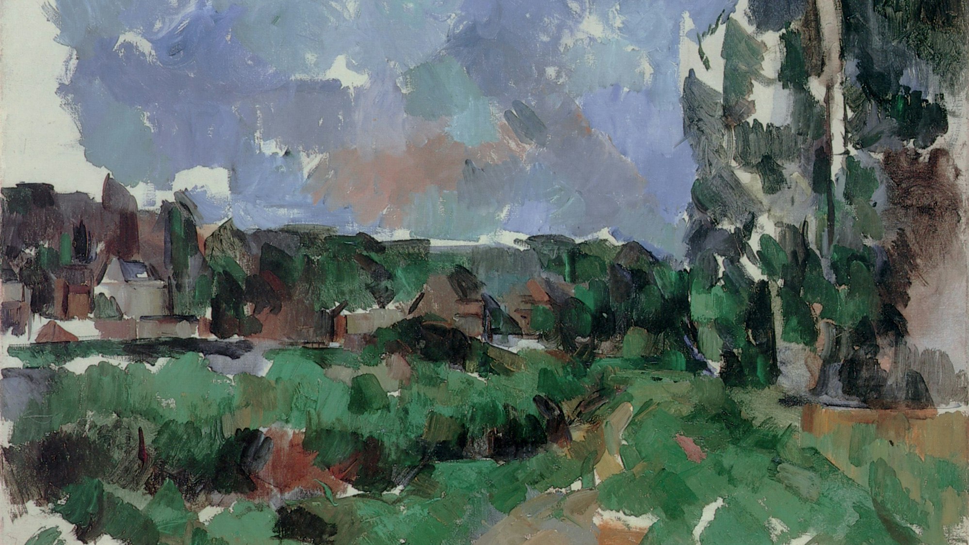 Ein Ölgemälde zeigt eine Flusslandschaft mit Häusern.