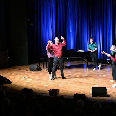 Die Akteure der Springmaus bewegen auf der Bühne die Arme von Menschen aus dem Publikum wie die von Marionetten.