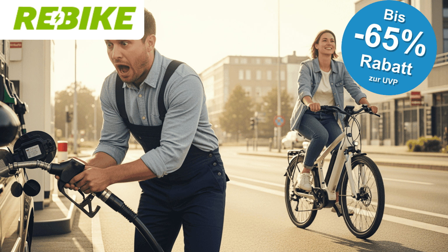 Ein Mann der geschockt von den Tankpreisen ist während eine Frau entspannt zur Arbeit auf ihrem E-Bike radelt.