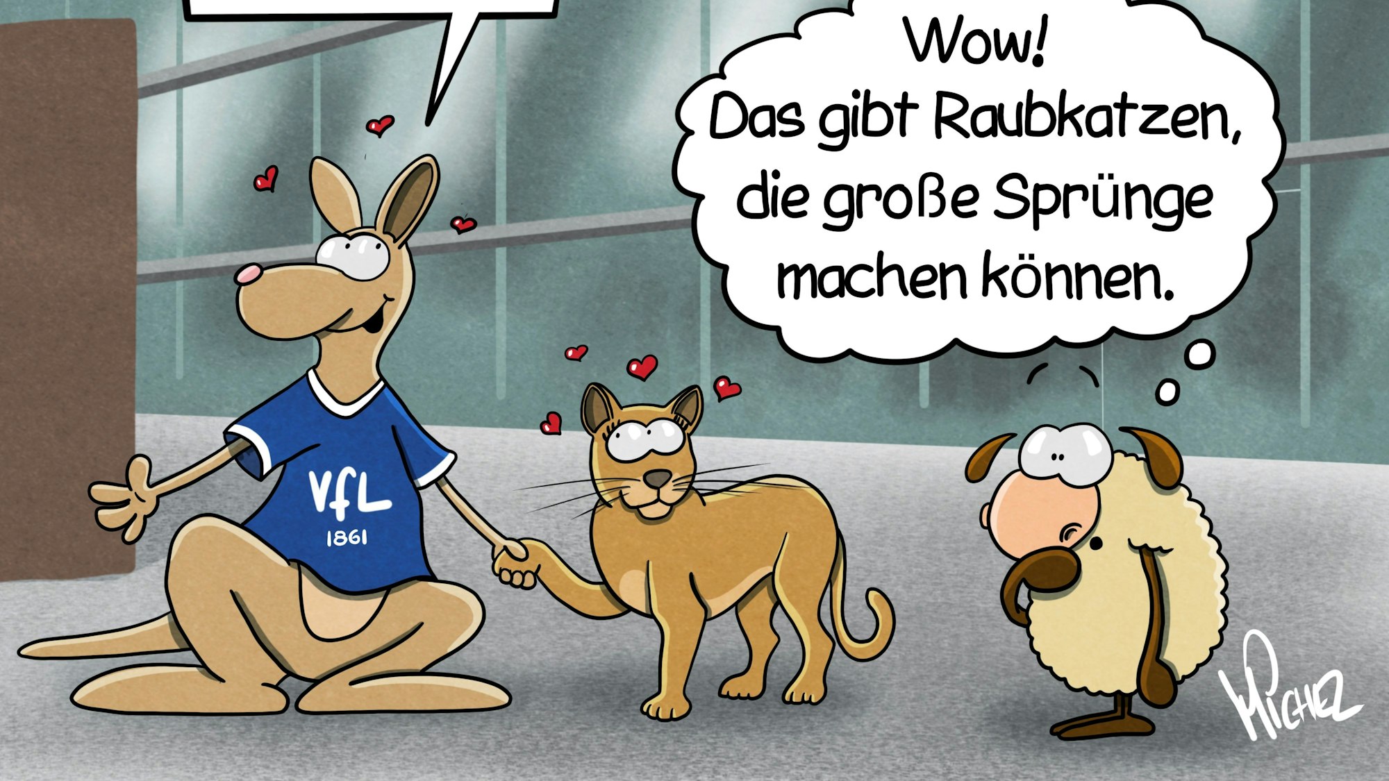 Vor der Schwalbe-Arena hält VfL-Maskottchen Gummi, das Känguru, verliebt Händchen mit einem Puma. Daneben steht ein Schaf und denkt: „Das gibt Raubkatzen, die große Sprünge machen können.“