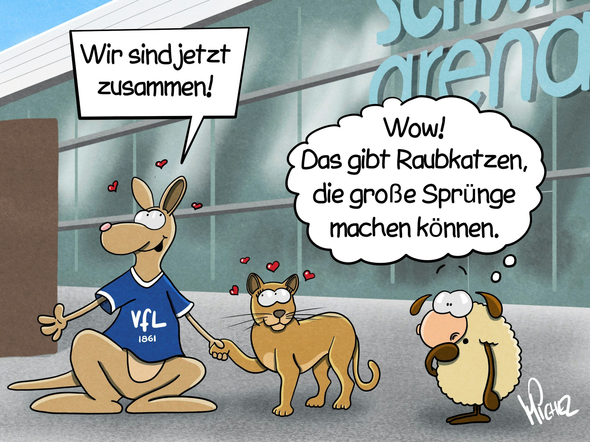 Vor der Schwalbe-Arena hält VfL-Maskottchen Gummi, das Känguru, verliebt Händchen mit einem Puma. Daneben steht ein Schaf und denkt: "Das gibt Raubkatzen, die große Sprünge machen können."