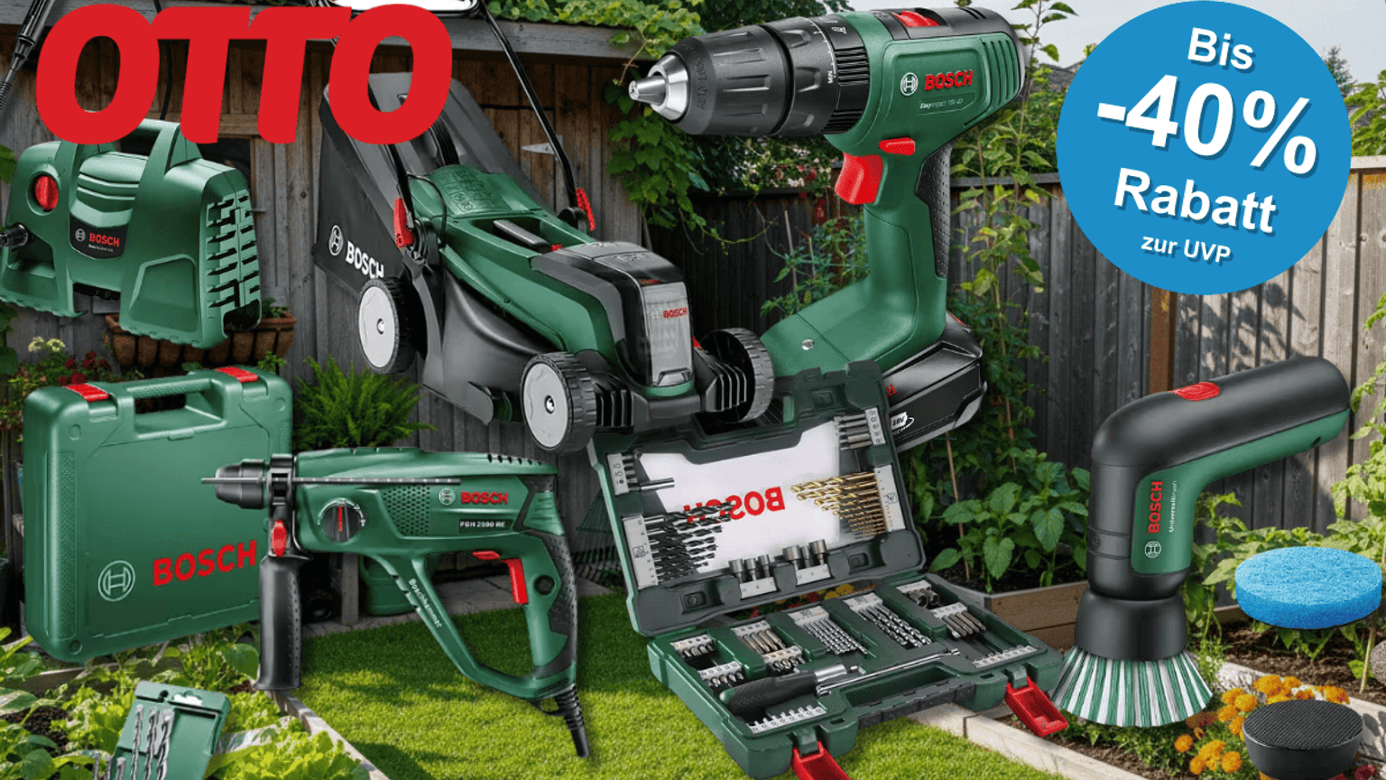 Verschiedene Bosch Home & Garden Produkte wie ein Rasenmäher, ein Bohrer, eine Bürst und mehr vor einem Garten Hintergrund.