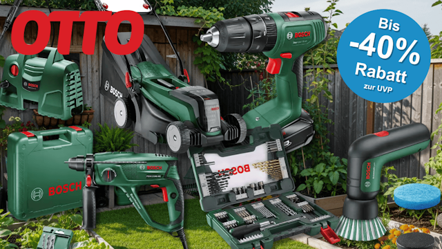 Verschiedene Bosch Home & Garden Produkte wie ein Rasenmäher, ein Bohrer, eine Bürst und mehr vor einem Garten Hintergrund.