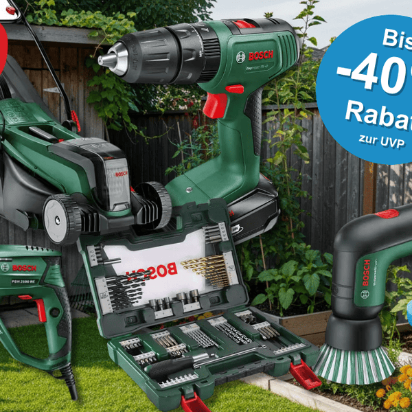 Verschiedene Bosch Home & Garden Produkte wie ein Rasenmäher, ein Bohrer, eine Bürst und mehr vor einem Garten Hintergrund.