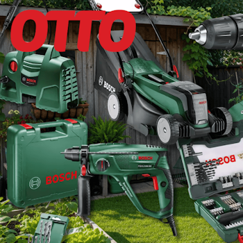 Verschiedene Bosch Home & Garden Produkte wie ein Rasenmäher, ein Bohrer, eine Bürst und mehr vor einem Garten Hintergrund.