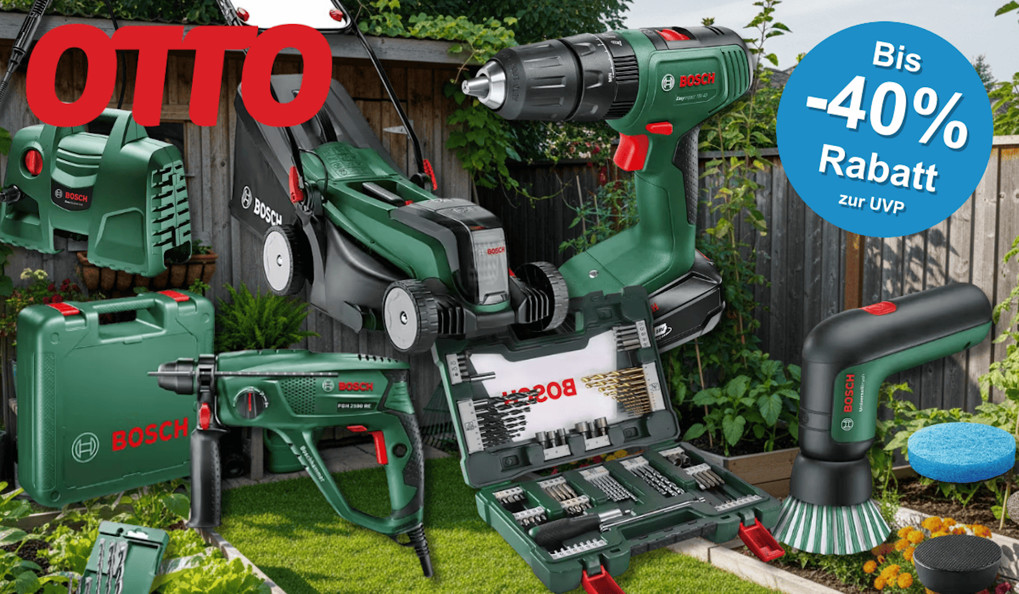 Verschiedene Bosch Home & Garden Produkte wie ein Rasenmäher, ein Bohrer, eine Bürst und mehr vor einem Garten Hintergrund.