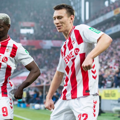 COLOGNE, GERMANY - FEBRUARY 21: Goal celebration of Ragnar Ache 1. FC Koeln, 9 and Kristoffer Lund 1. FC Koeln, 32 during the Bundesliga match between 1. FC Koeln vs. TSG 1899 Hoffenheim on matchday 23 at RheinEnergie-Stadion on February 21st, 2026 in Cologne, Germany. DFL regulations prohibit any use of photographs as image sequences and/or quasi-video NRW Germany Copyright: xBEAUTIFULxSPORTS/JulianxMeuselx