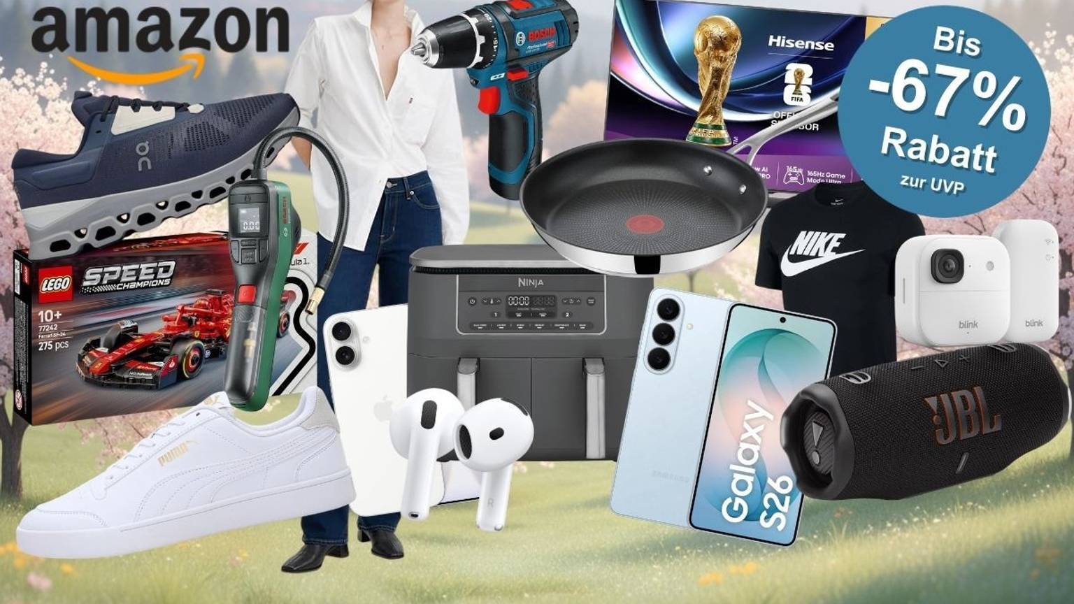 Viele Produkte aus Mode, Haushalt, Baumarkt, Technik und mehr von Marken wie Levi's, Ninja, Samsung, LEGO, Bosch, Bosch Professional, Tefal, Puma, On Sneaker, JBL, Apple iPhone, Nike Shirt und weiteren vor einem Hintergrund mit grüner Wiese und Frühlingsthema.