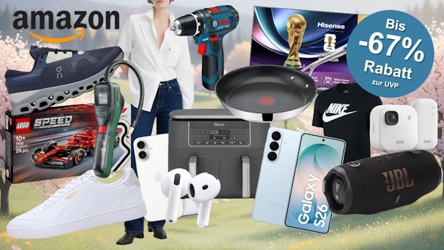 Viele Produkte aus Mode, Haushalt, Baumarkt, Technik und mehr von Marken wie Levi's, Ninja, Samsung, LEGO, Bosch, Bosch Professional, Tefal, Puma, On Sneaker, JBL, Apple iPhone, Nike Shirt und weiteren vor einem Hintergrund mit grüner Wiese und Frühlingsthema.