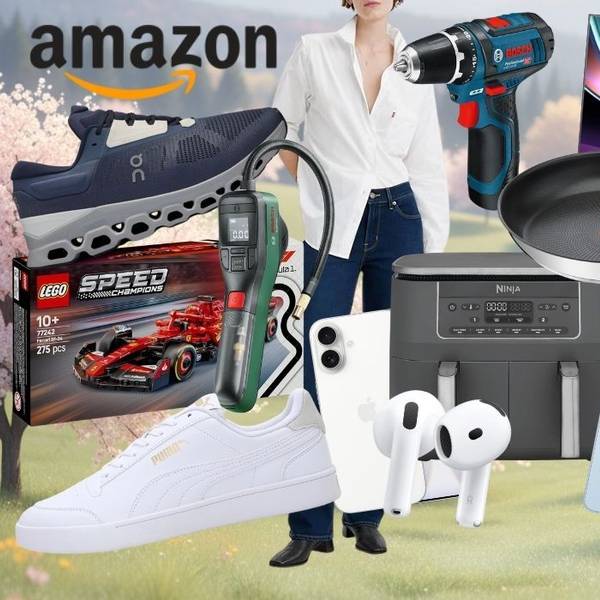 Viele Produkte aus Mode, Haushalt, Baumarkt, Technik und mehr von Marken wie Levi's, Ninja, Samsung, LEGO, Bosch, Bosch Professional, Tefal, Puma, On Sneaker, JBL, Apple iPhone, Nike Shirt und weiteren vor einem Hintergrund mit grüner Wiese und Frühlingsthema.