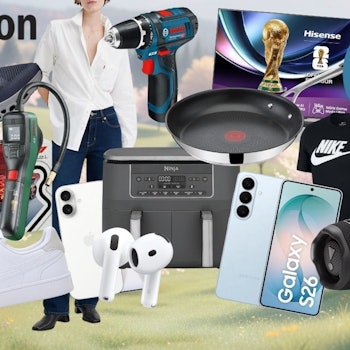 Viele Produkte aus Mode, Haushalt, Baumarkt, Technik und mehr von Marken wie Levi's, Ninja, Samsung, LEGO, Bosch, Bosch Professional, Tefal, Puma, On Sneaker, JBL, Apple iPhone, Nike Shirt und weiteren vor einem Hintergrund mit grüner Wiese und Frühlingsthema.