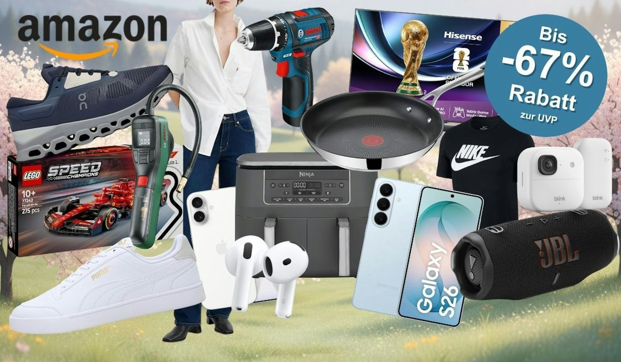 Viele Produkte aus Mode, Haushalt, Baumarkt, Technik und mehr von Marken wie Levi's, Ninja, Samsung, LEGO, Bosch, Bosch Professional, Tefal, Puma, On Sneaker, JBL, Apple iPhone, Nike Shirt und weiteren vor einem Hintergrund mit grüner Wiese und Frühlingsthema.