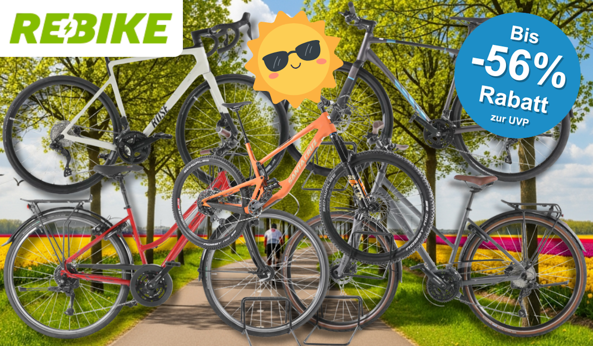 4 verschiedene Fahrräder vor einem Radweg im Frühling.