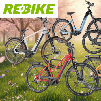 E-Bikes Trekking, City und E-Mountain-Bikes verschiedener Marken vor einer verschneiten Innenstadt.