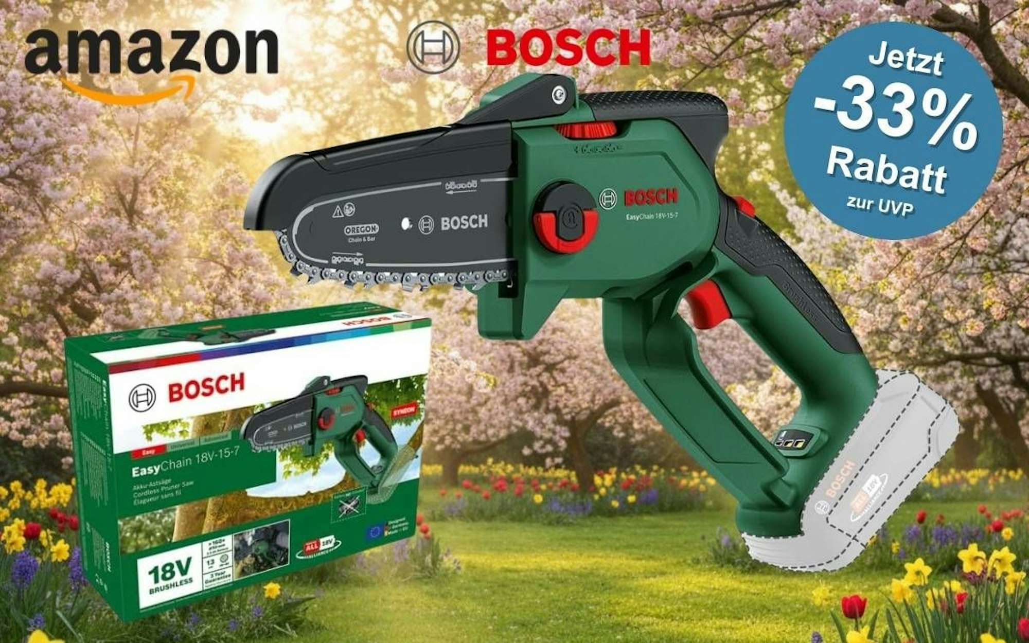 Bosch EasyChain 18V-15-7 kompakte Akku-Mini-Kettensäge mit Originalverpackung vor einem frühlingshaften Gartenhintergrund mit blühenden Bäumen und bunten Frühlingsblumen.