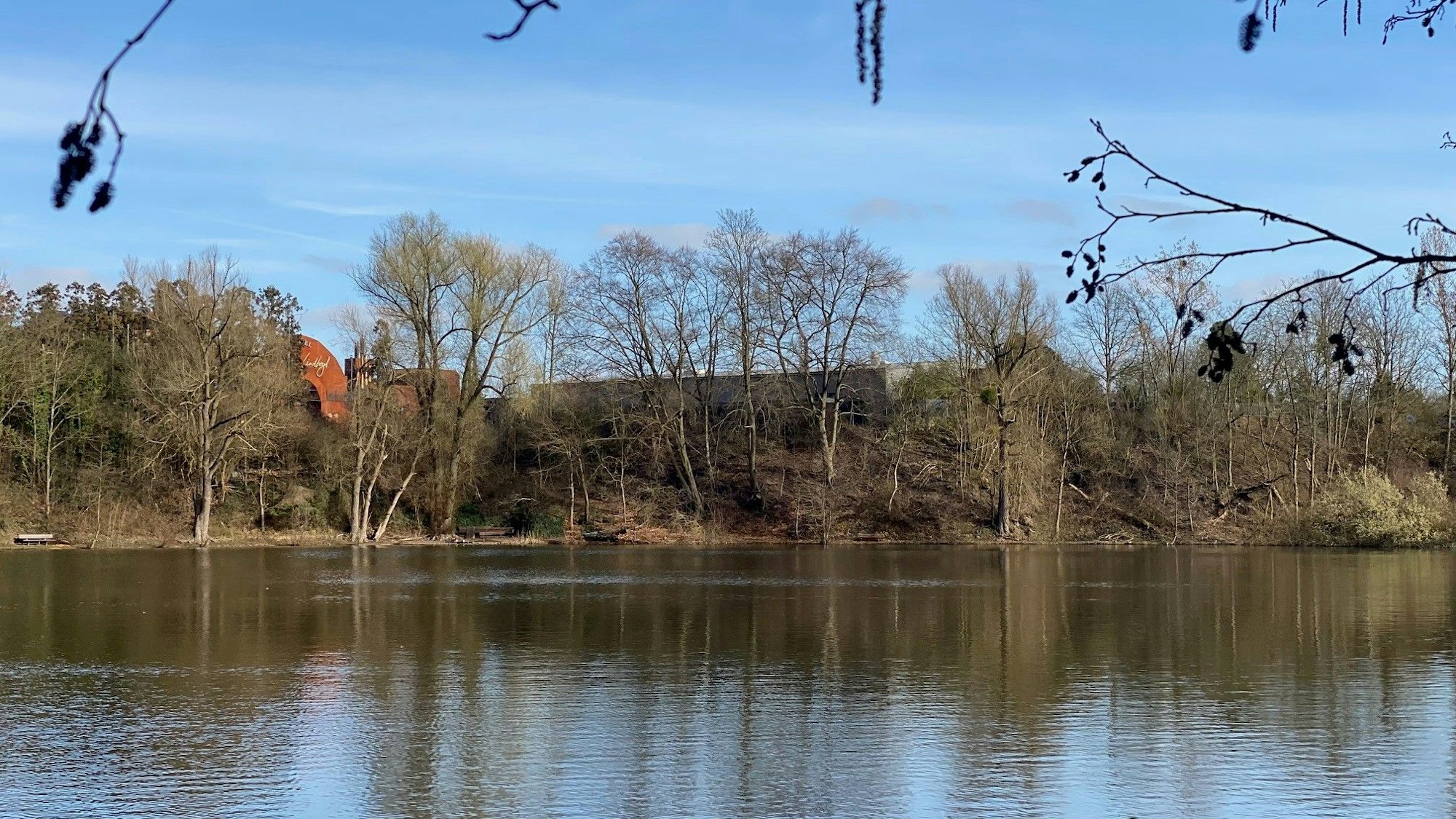 Zu sehen sind ein Gewässer und im Hintergrund ein bewaldetes Ufer.
