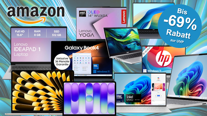 Darstellung verschiedener Laptop-Modelle vor einem bunten Hintergrund in Wellen-Optik.