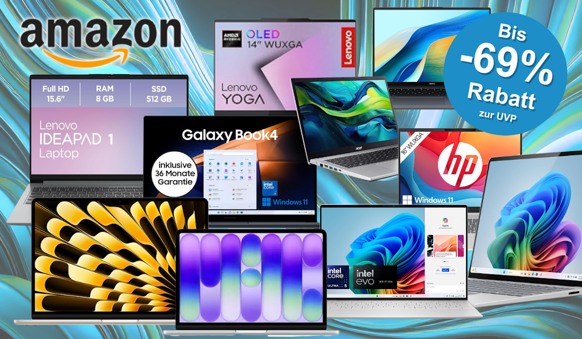 Darstellung verschiedener Laptop-Modelle vor einem bunten Hintergrund in Wellen-Optik.