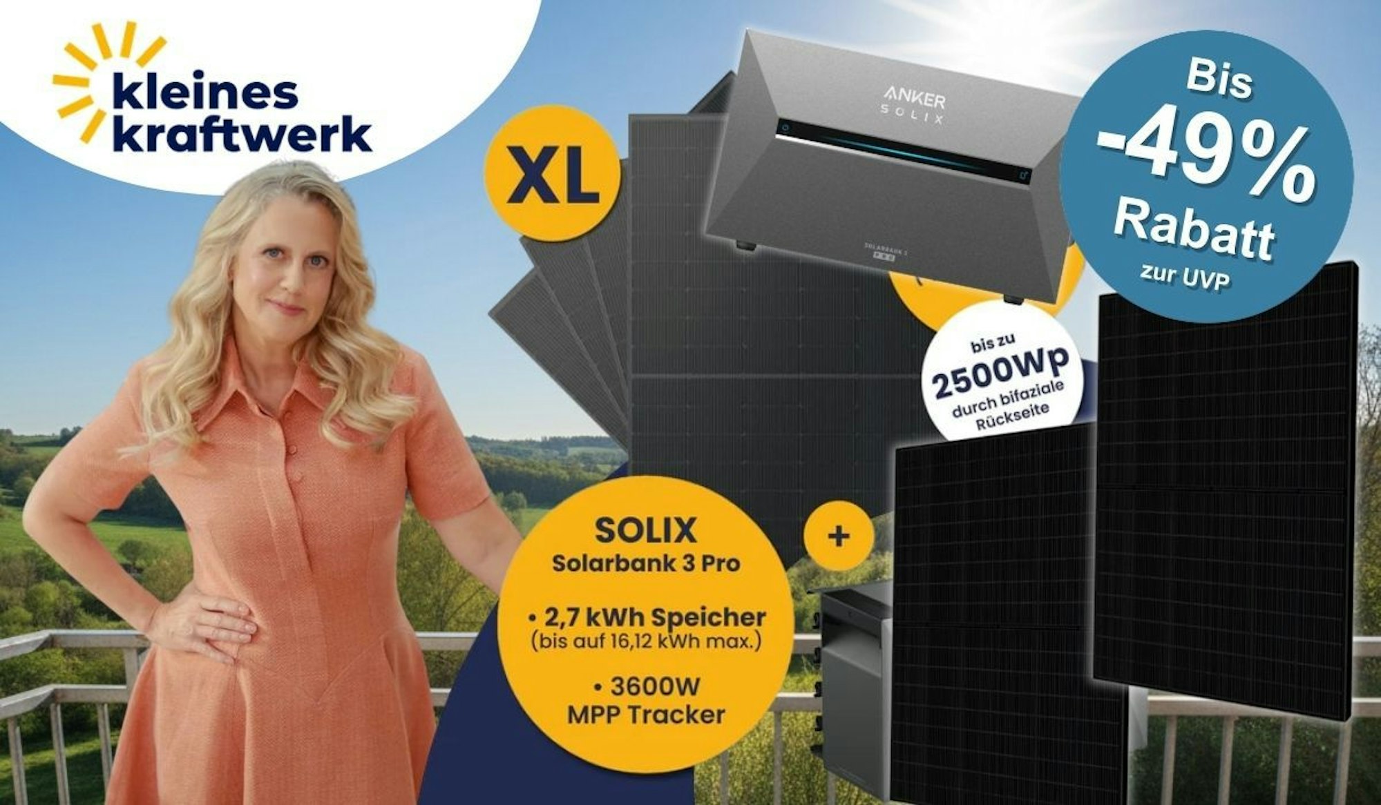 Kleines Kraftwerk Balkonkraftwerk mit Anker Solix Solarbank 3 Pro und Solar-Panelen neben Barbara Schöneberger auf einer Dachterrassee mit Solarpanelen.