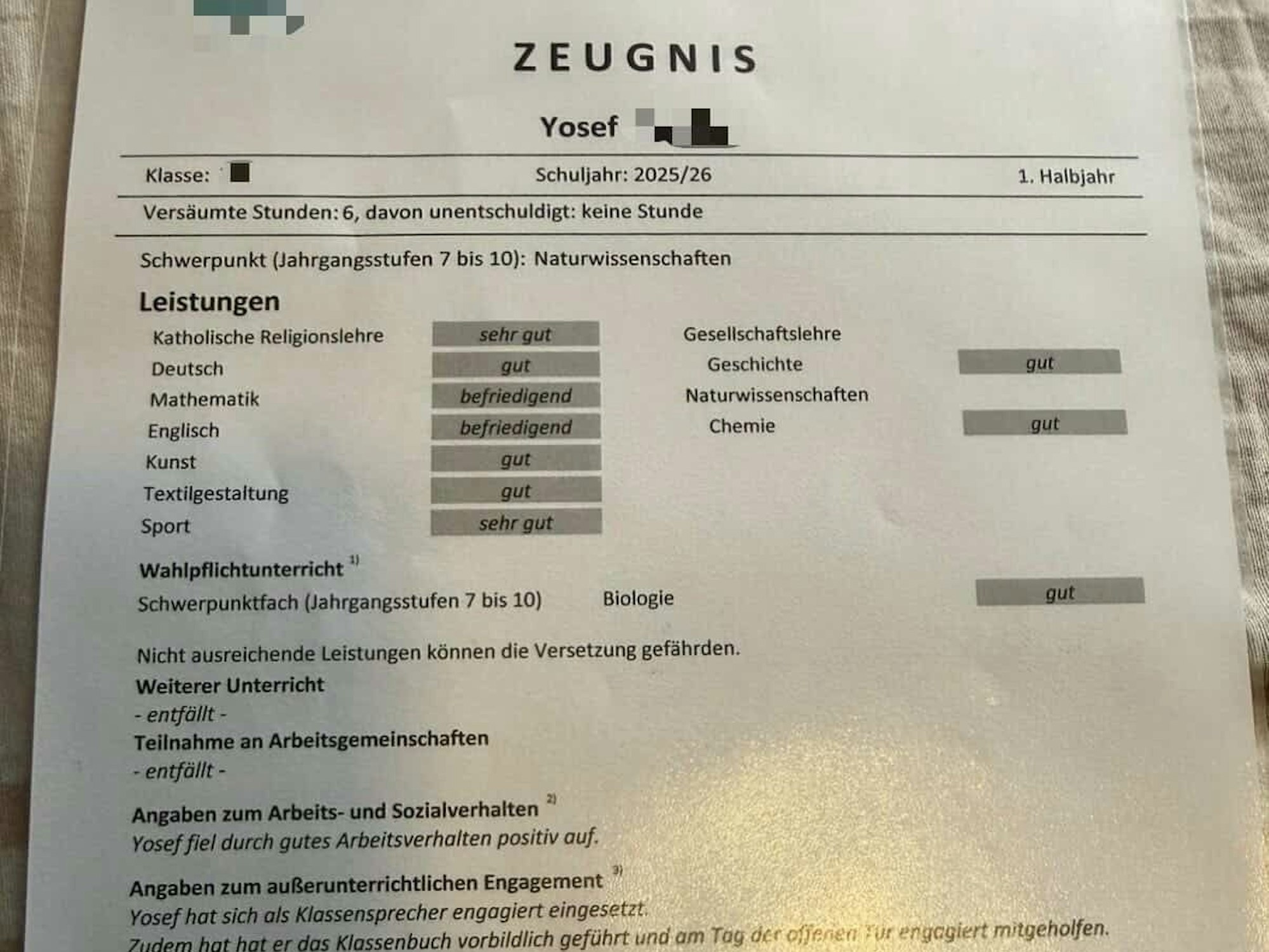 Zeugnis des Schülers Yosef aus Dormagen