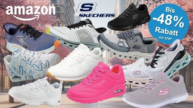 Skechers Sneaker Sale bei Amazon. Zu sehen sind neun verschiedene Skechers-Modelle in unterschiedlichen Farben – darunter Weiß, Grau, Blau, Pink und Schwarz – vor einem frühlingshaften Stadthintergrund mit Kirschblüten. Oben rechts ein blauer Badge mit der Aufschrift „Bis -48 % Rabatt zur UVP".