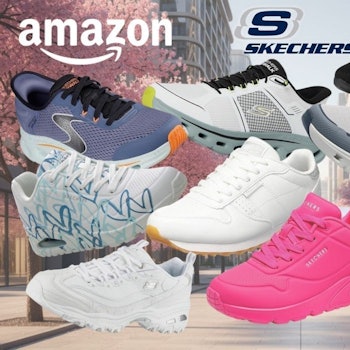 Skechers Sneaker Sale bei Amazon. Zu sehen sind neun verschiedene Skechers-Modelle in unterschiedlichen Farben – darunter Weiß, Grau, Blau, Pink und Schwarz – vor einem frühlingshaften Stadthintergrund mit Kirschblüten. Oben rechts ein blauer Badge mit der Aufschrift „Bis -48 % Rabatt zur UVP".