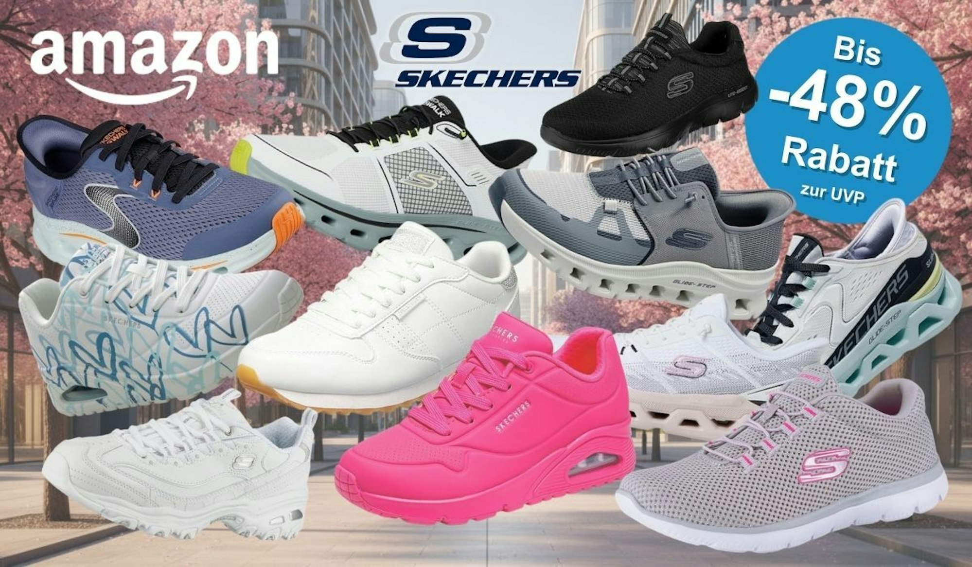 Skechers Sneaker Sale bei Amazon. Zu sehen sind neun verschiedene Skechers-Modelle in unterschiedlichen Farben – darunter Weiß, Grau, Blau, Pink und Schwarz – vor einem frühlingshaften Stadthintergrund mit Kirschblüten. Oben rechts ein blauer Badge mit der Aufschrift „Bis -48 % Rabatt zur UVP".