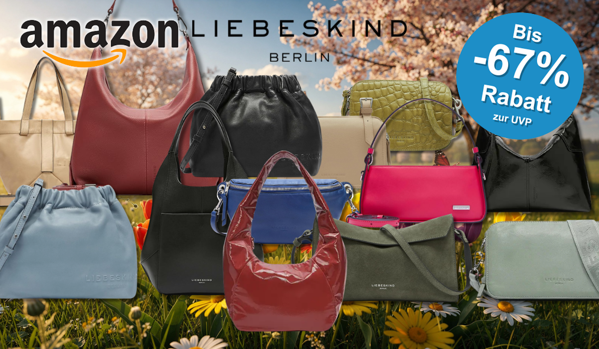 Eine Darstellung von verschiedenen Liebeskind Berlin Taschen vor einem sommerlichen Hintergrund.