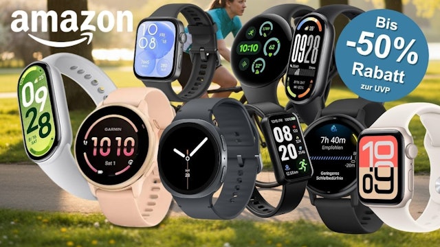 Smartwatches mehrerer Marken wie Apple Watch, Samsung Galaxy Watch und Garmin, Xiaomi – vor einem grünen Waldhintergrund mit einer Radfahrerin.