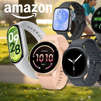 Smartwatches mehrerer Marken wie Apple Watch, Samsung Galaxy Watch und Garmin, Xiaomi – vor einem grünen Waldhintergrund mit einer Radfahrerin.