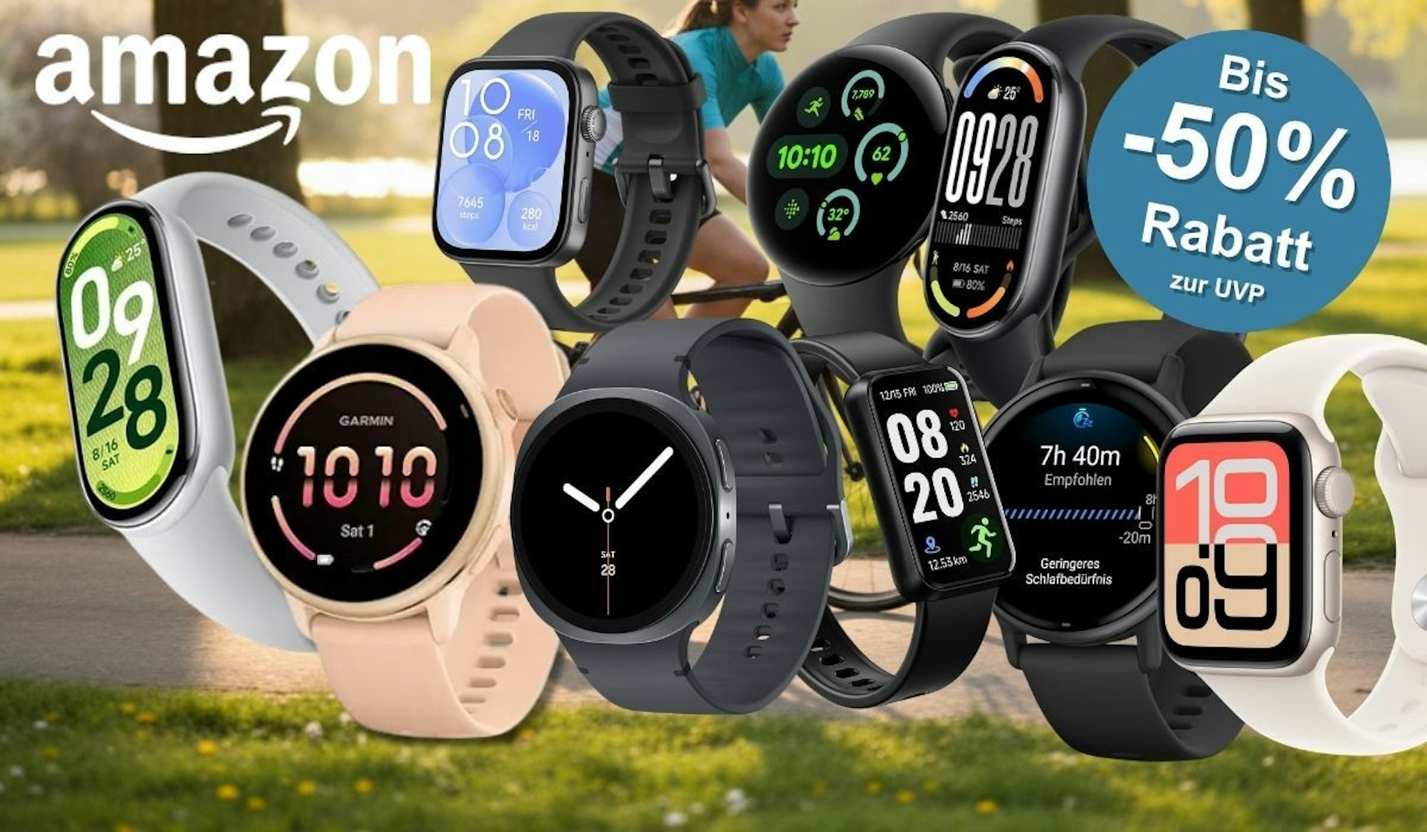 Smartwatches mehrerer Marken wie Apple Watch, Samsung Galaxy Watch und Garmin, Xiaomi – vor einem grünen Waldhintergrund mit einer Radfahrerin.