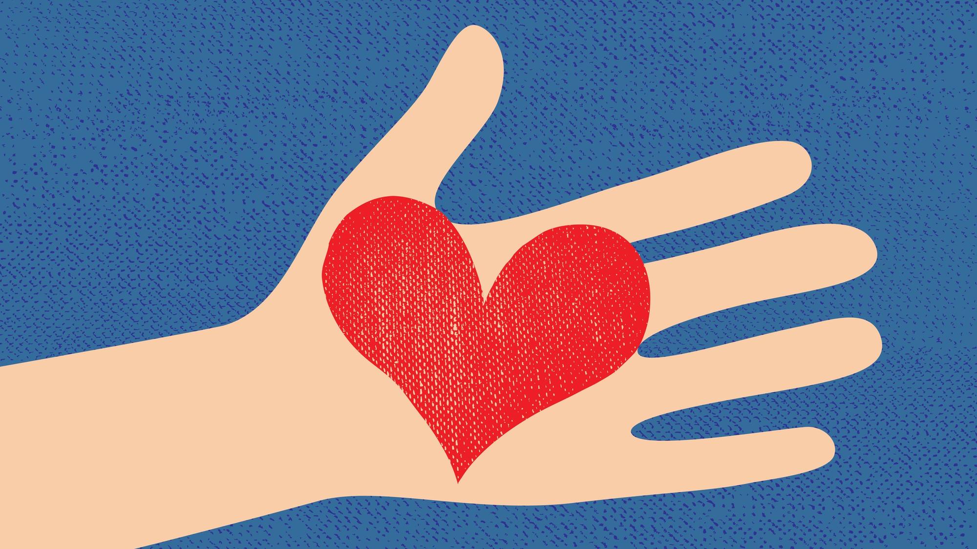 Love red heart in hand to woman on grunge denim background . Vector illustration .