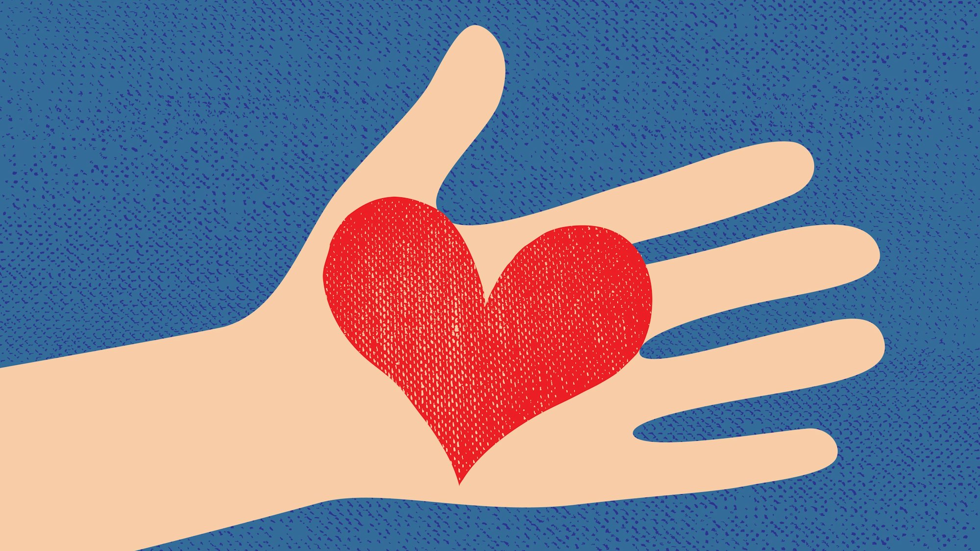 Love red heart in hand to woman on grunge denim background . Vector illustration .