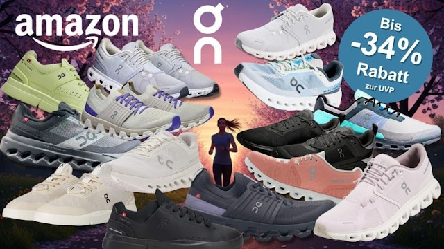 On Sneaker und Laufschuhe, im Hintergrund eine Dame beim Joggen in der Abenddämmerung auf einer Landstraße mit blühenden Bäumen.